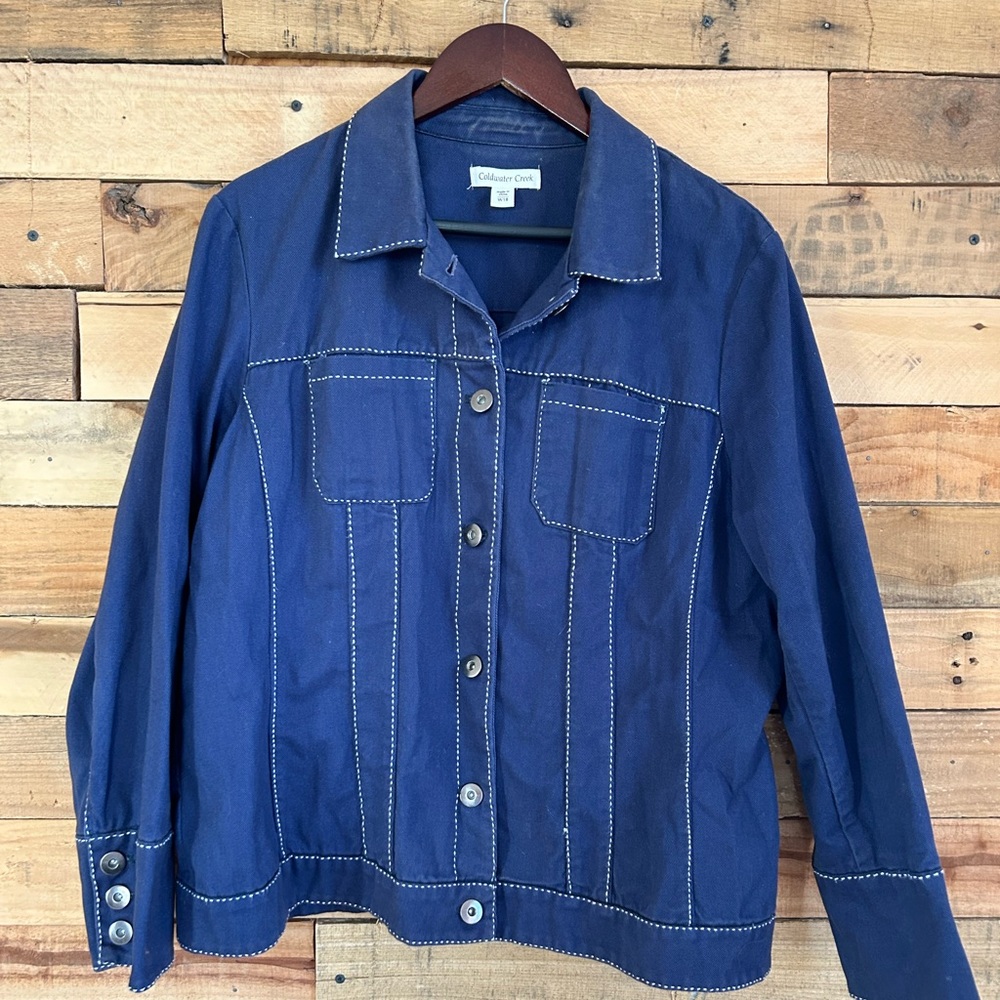 Coldwater Creek blue with white stitching jacket. Size W18